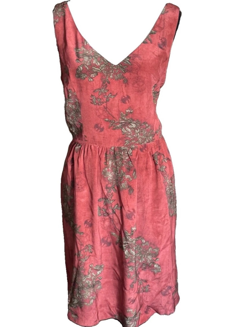 Peruvian Connection 100% Silk A-Line Dress 10 Red Asian Floral V Neck Pockets - Picture 2 of 10